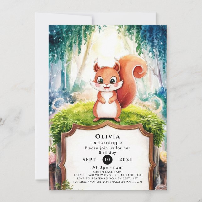 Invitación Cumpleaños de la ardilla simple infantil (Anverso)
