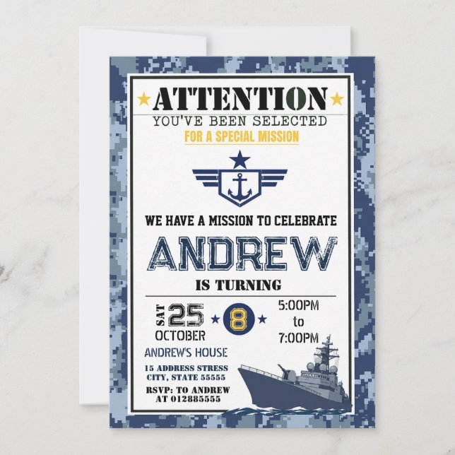 Invitación Cumpleaños de la Armada Personalizado (Anverso)