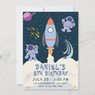 Invitación Cumpleaños de la aventura espacial con cohete y as