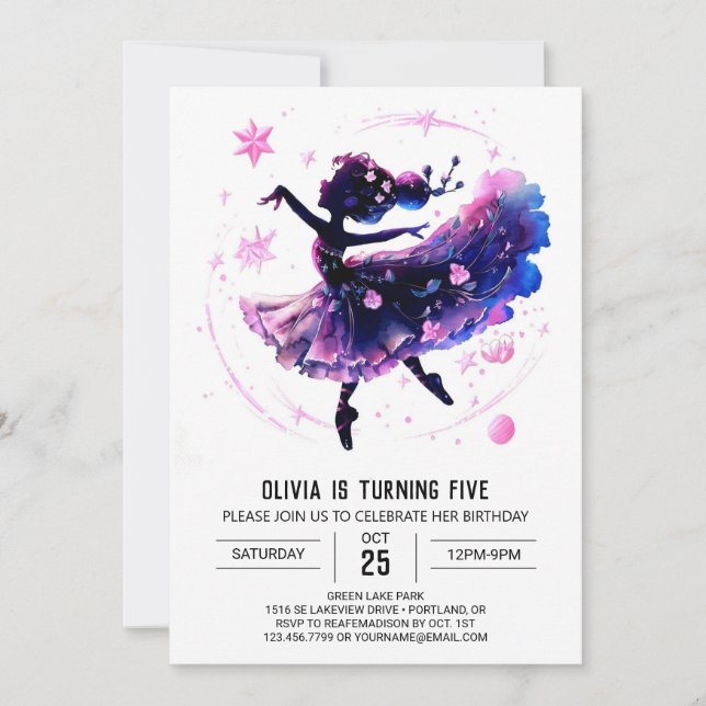Invitación Cumpleaños de la bailarina Ballerina Imprimible (Anverso)