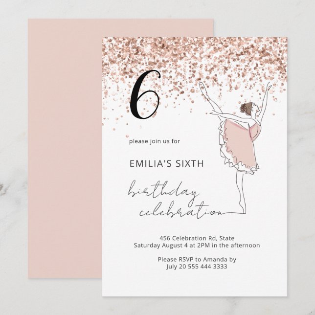Invitación Cumpleaños de la bailarina de ballet Rosa de oro d (Anverso / Reverso)