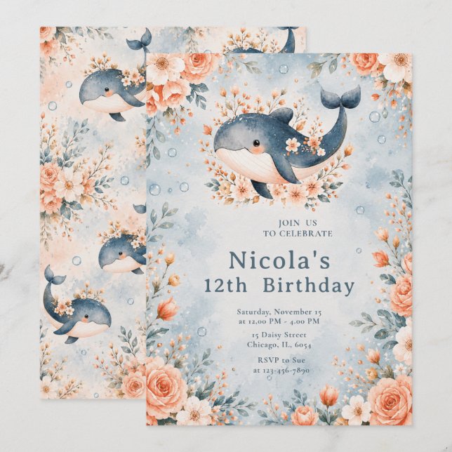 Invitación Cumpleaños de la Ballena Floral (Anverso / Reverso)