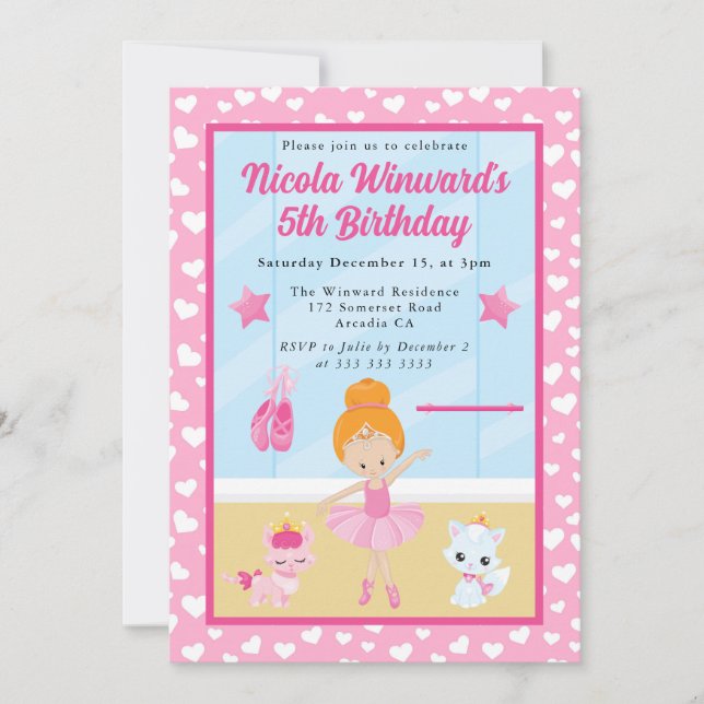 Invitación Cumpleaños de la Ballerina Cute Red Haired (Anverso)