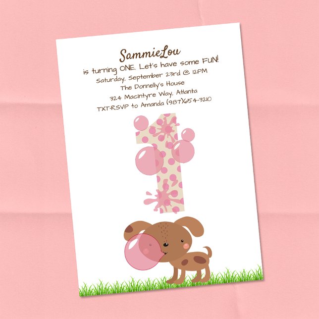 Invitación Cumpleaños de la bebé con su primer perro y chicle (Subido por el creador)