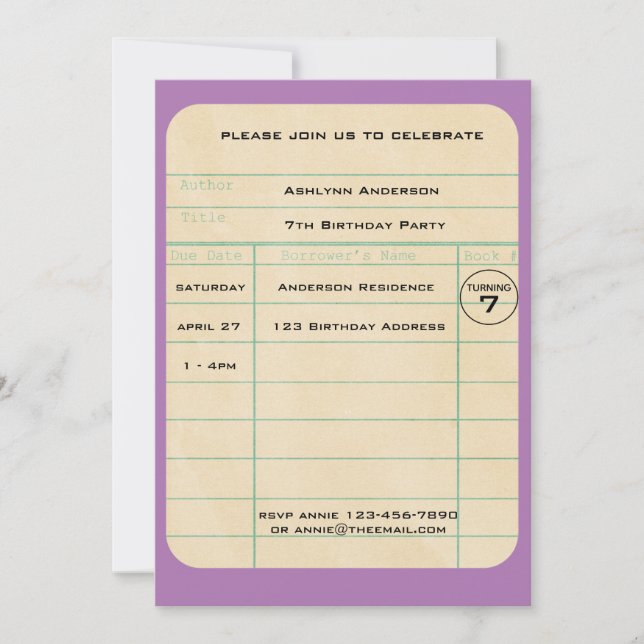 Invitación Cumpleaños de la Biblioteca Púrpura (Anverso)