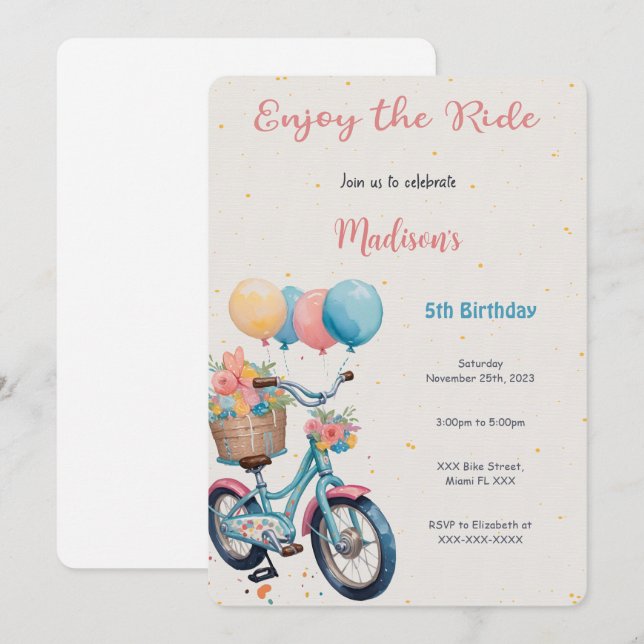 Invitación Cumpleaños de la bicicleta rosa y azul (Anverso / Reverso)