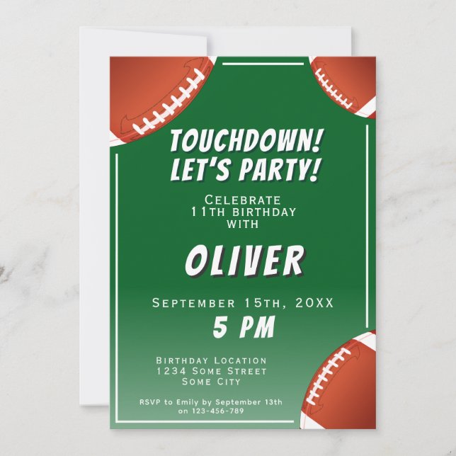 Invitación Cumpleaños de la Bola de Fútbol Americana Touchdow (Anverso)