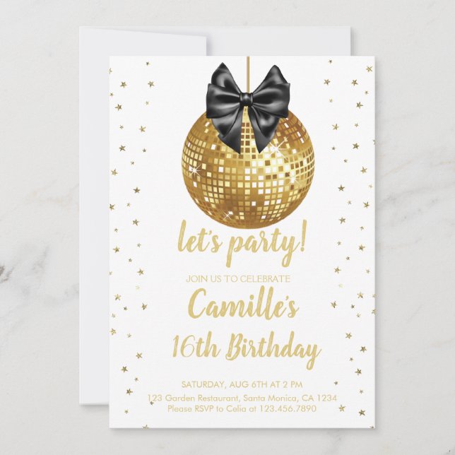 Invitación Cumpleaños de la Bola Disco de Oro (Anverso)