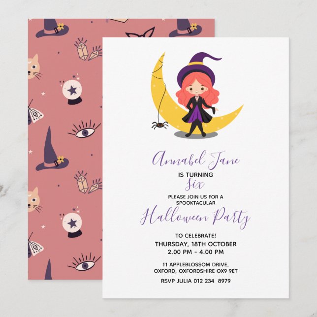 Invitación Cumpleaños de la bruja linda Halloween  (Anverso / Reverso)