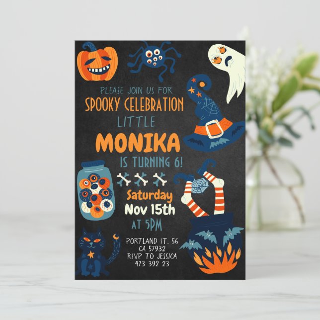 Invitación Cumpleaños de la bruja negra de Halloween (Anverso de pie)