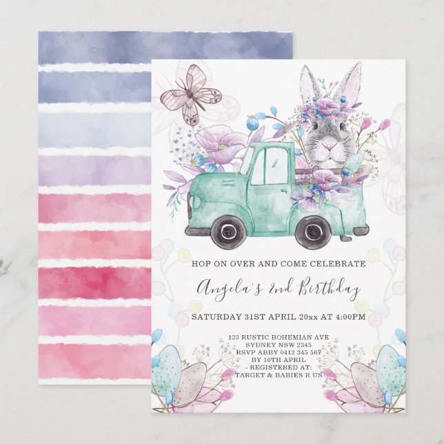 Invitación Cumpleaños de la Bunny de primavera (Anverso / Reverso)