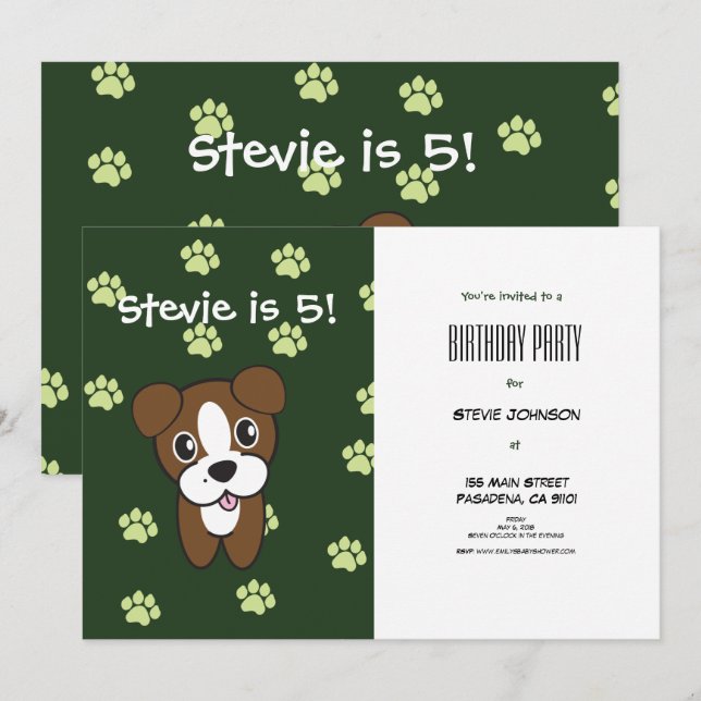 Invitación Cumpleaños de la cachorro verde super lindo (Anverso / Reverso)