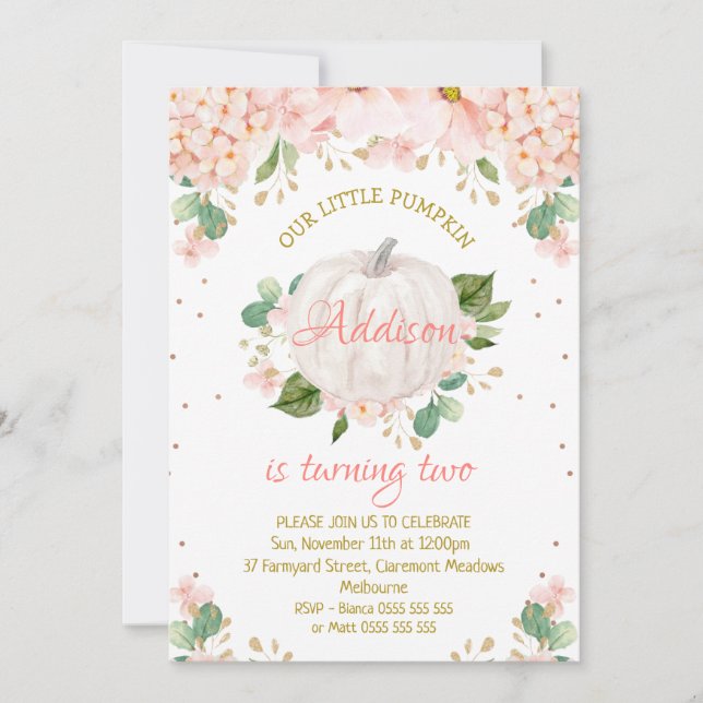 Invitación Cumpleaños de la Calabaza Blanca Floral Rosa bonit (Anverso)