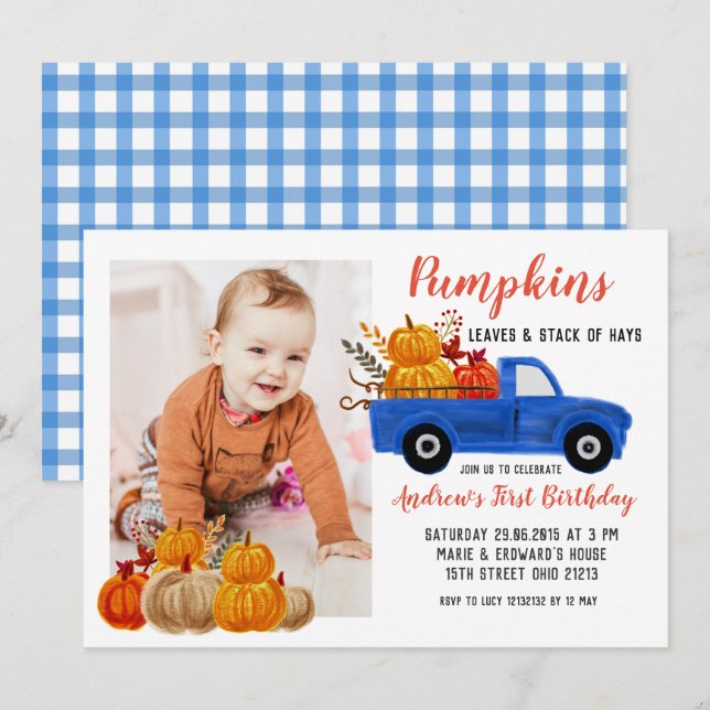 Invitación Cumpleaños de la Calabaza del Camión Azul otoño co (Anverso / Reverso)