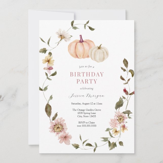 Invitación Cumpleaños de la Calabaza Floral Wreath (Anverso)