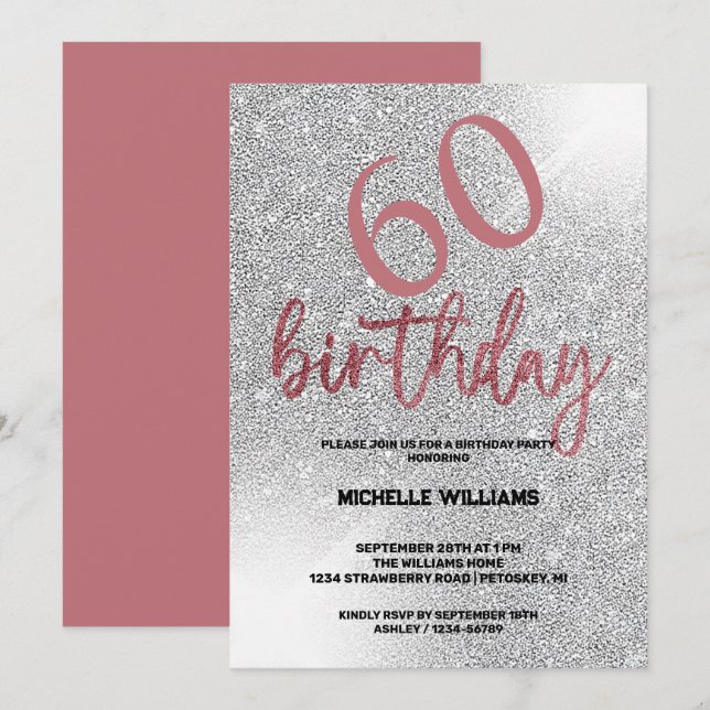 Invitación Cumpleaños de la Caligrafía de Coral Purpurina Pla (Anverso / Reverso)