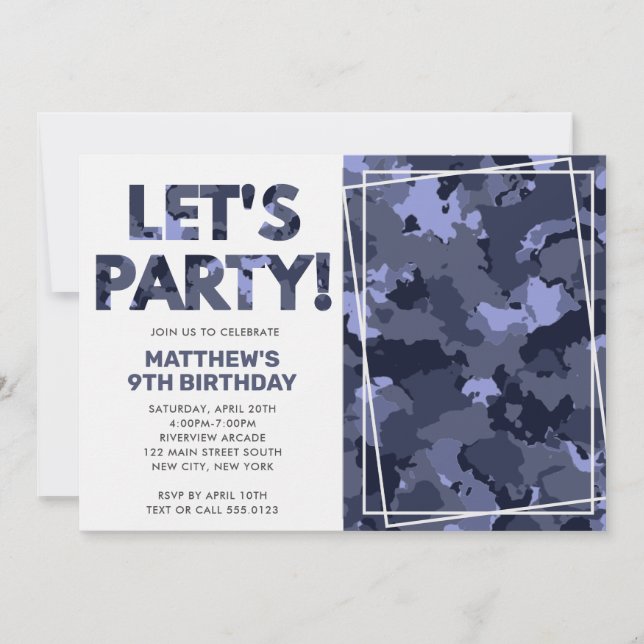 Invitación Cumpleaños de la Camuflaje, foto del Camo Azul Fie (Anverso)