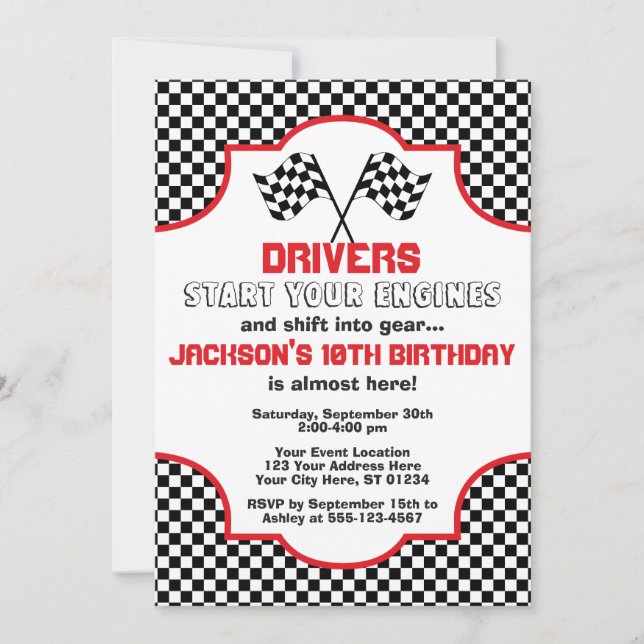 Invitación Cumpleaños de la Carreras de cuadros rojos y negro (Anverso)