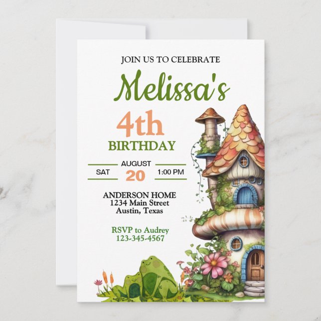 Invitación Cumpleaños de la casa de hadas del bosque mágico (Anverso)