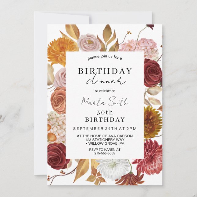 Invitación Cumpleaños de la cena floral de otoño (Anverso)