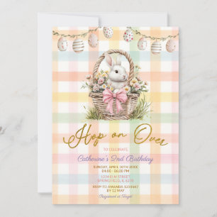 Invitación Cumpleaños de la cesta de conejitos de cuadros de 