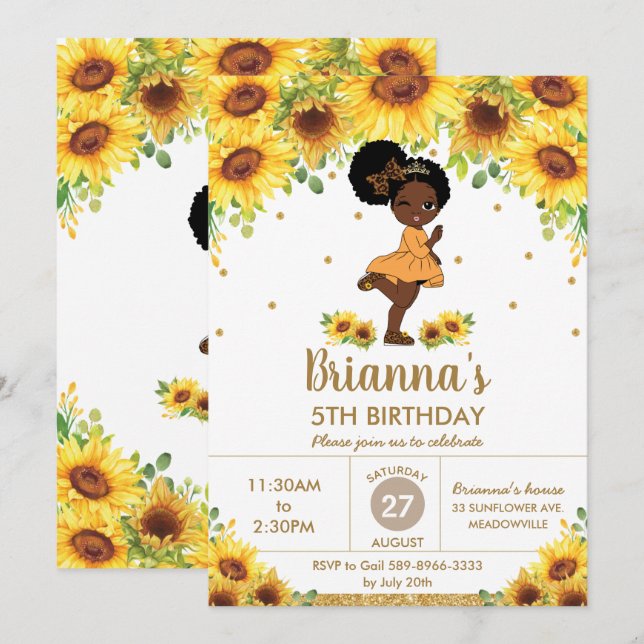 Invitación Cumpleaños de la Chica afroamericana Sunflower Cut (Anverso / Reverso)