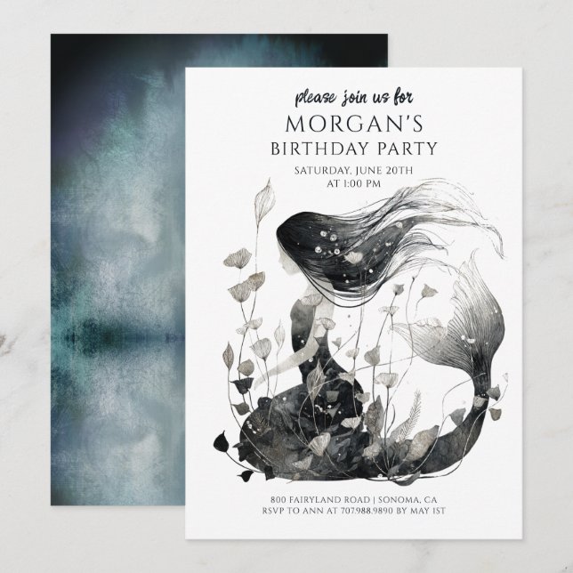 Invitación Cumpleaños de la Chica de Acuarela de Sirena Mágic (Anverso / Reverso)
