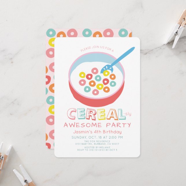 Invitación Cumpleaños de la chica de cereal genial rosa (Anverso/Reverso In Situ)