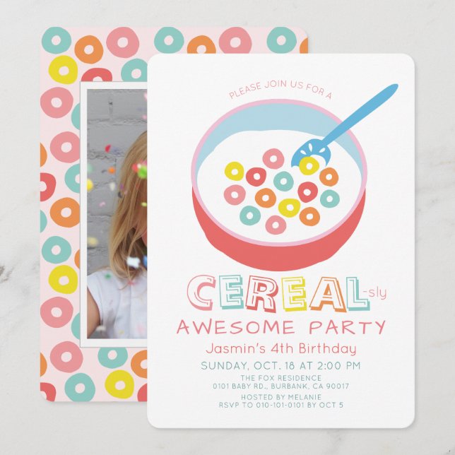 Invitación Cumpleaños de la chica de cereal rosa increíble co (Anverso / Reverso)
