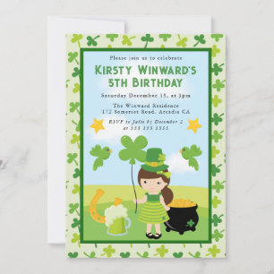 Invitación Cumpleaños de la Chica de la Brunette Cute St Patr