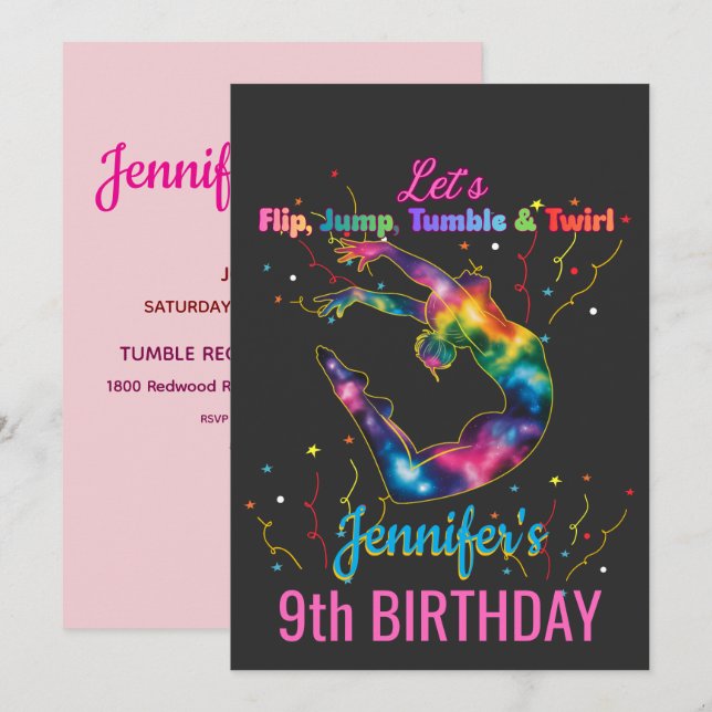 Invitación Cumpleaños de la chica para saltar, dar volteretas (Anverso / Reverso)