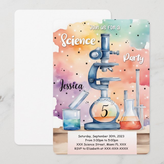 Invitación Cumpleaños de la Ciencia Infantil (Anverso / Reverso)