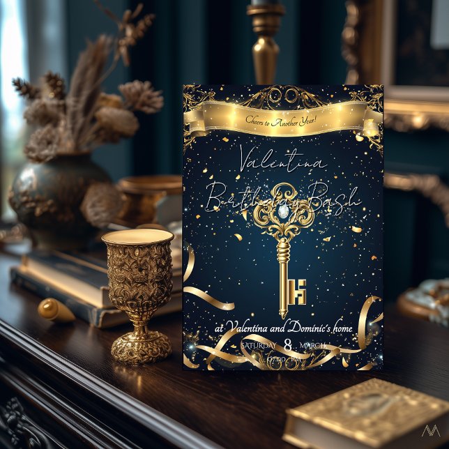 Invitación Cumpleaños de la clave mística | Elegante Oro y Ma (Subido por el creador)