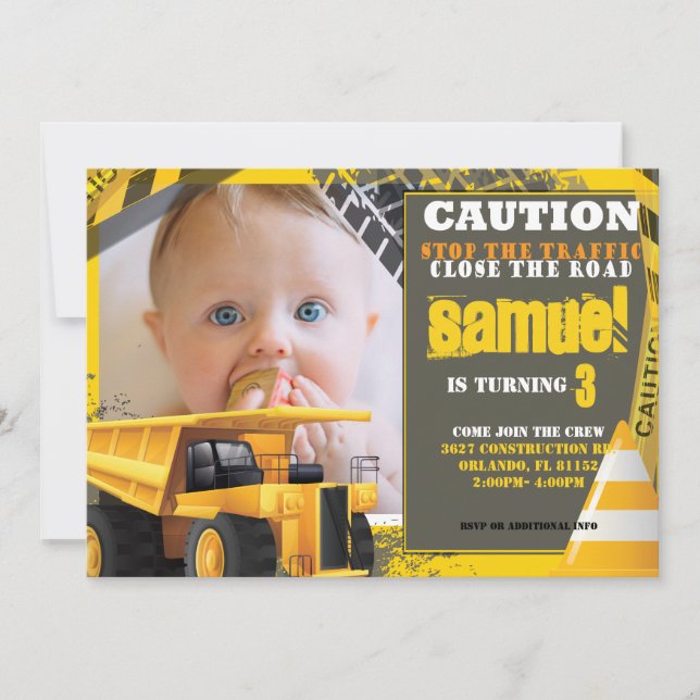 Invitación Cumpleaños de la construcción con foto (Anverso)