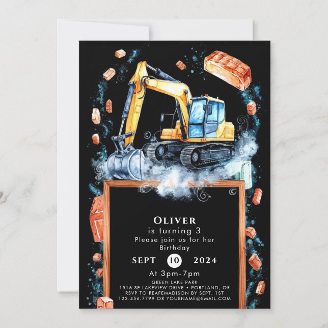 Invitación Cumpleaños de la Construcción de la Excavadora Boh (Anverso)