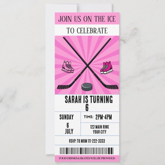 Invitación Cumpleaños de la Coquette Pink Bow Hockey sobre hi (Anverso)