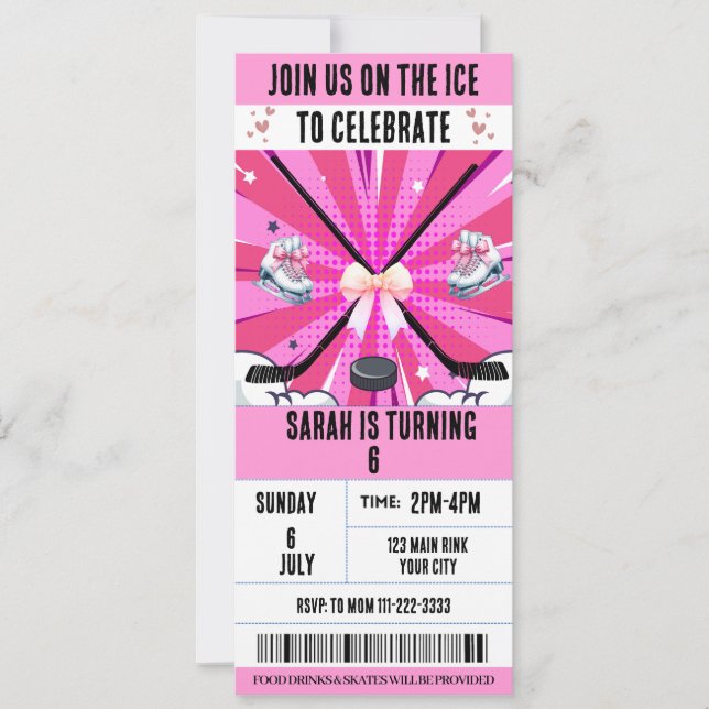 Invitación Cumpleaños de la Coquette Pink Bow Hockey sobre hi (Anverso)