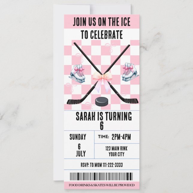 Invitación Cumpleaños de la Coquette Pink Bow Hockey sobre hi (Anverso)