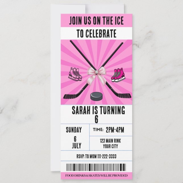 Invitación Cumpleaños de la Coquette Pink Bow Hockey sobre hi (Anverso)