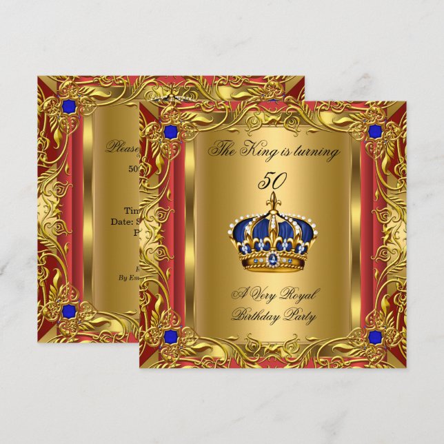 Invitación Cumpleaños de la Corona Azul Real de Oro Rojo (Anverso / Reverso)