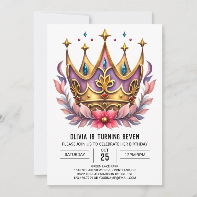 Invitación Cumpleaños de la Corona Princesa Imprimible Rosa (Anverso)
