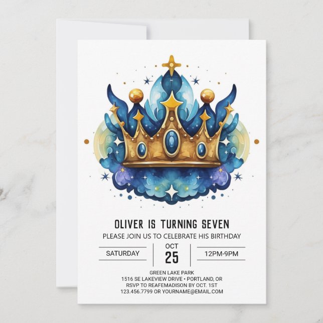 Invitación Cumpleaños de la Corona Príncipe Impreso Moderno (Anverso)