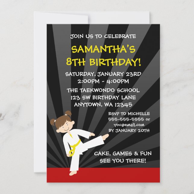 Invitación Cumpleaños de la correa del amarillo del karate (Anverso)