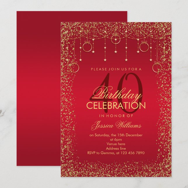 Invitación Cumpleaños de la decoración del Purpurina Ruby Red (Anverso / Reverso)