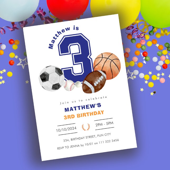 Invitación Cumpleaños de la deportista deportiva 3 Boy Athlet (Sports 3rd Boy Athlete Birthday Invitation)