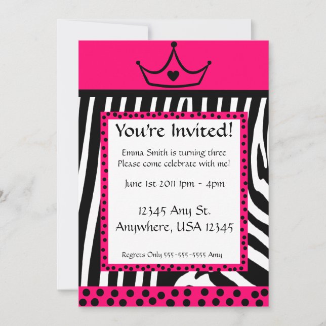 Invitación Cumpleaños de la diva cebra rosa (Anverso)