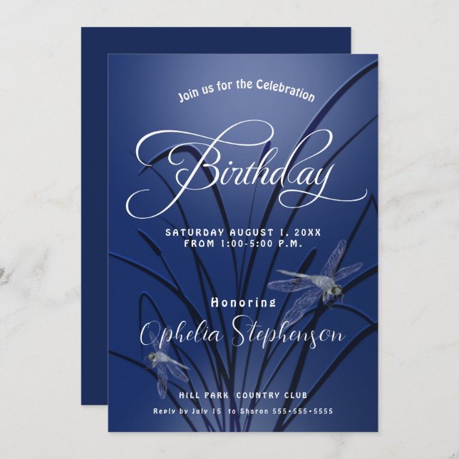 Invitación Cumpleaños de la Dragonfly azul real (Anverso / Reverso)