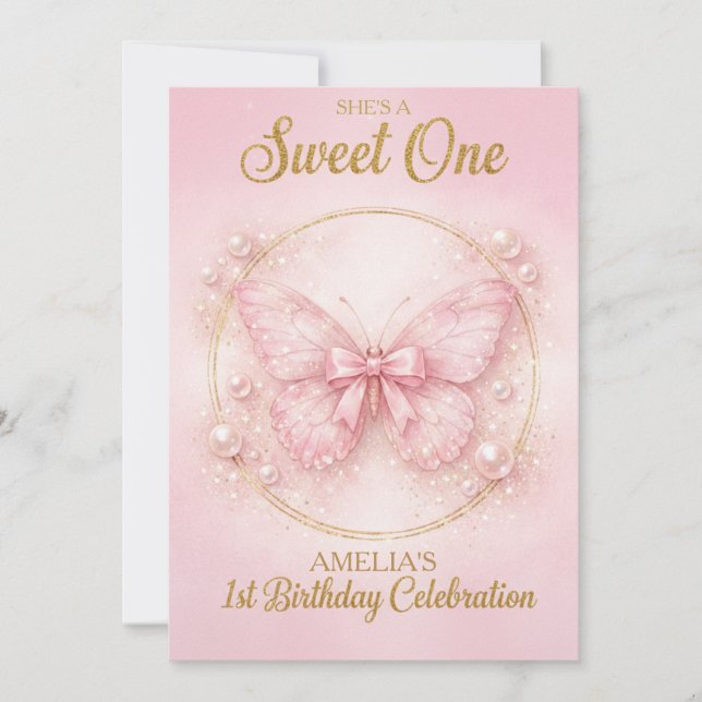Invitación Cumpleaños de la dulce mariposa rosa (Anverso)