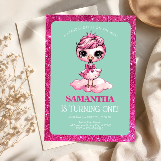 Invitación Cumpleaños de la dulce princesa flamenco de un año (Subido por el creador)