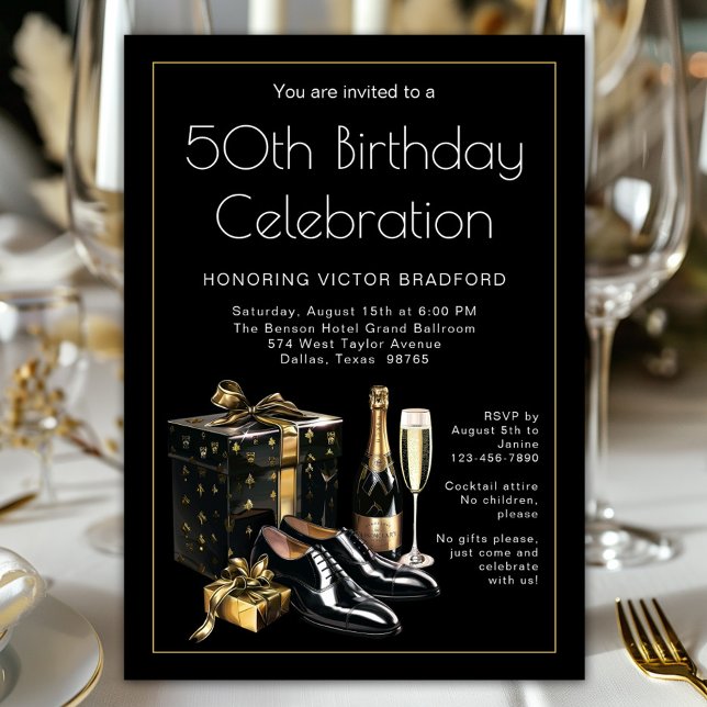 Invitación Cumpleaños de la Escala de Oro Negra de los Hombre (Celebrate in style! Classy sophisticated black and gold any number birthday and event invitation. )